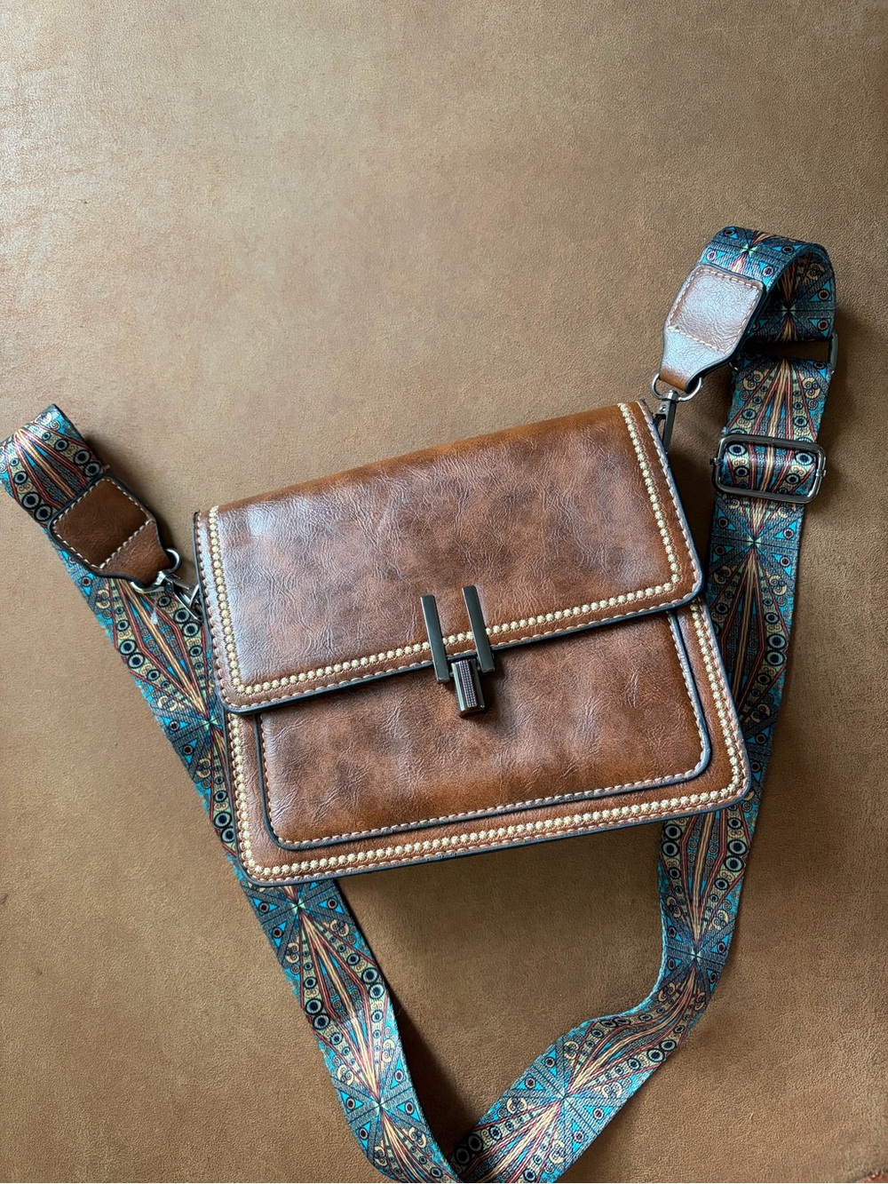 Western Boho Brown Crossbody Bag Tooled Stitching Aztec Strap